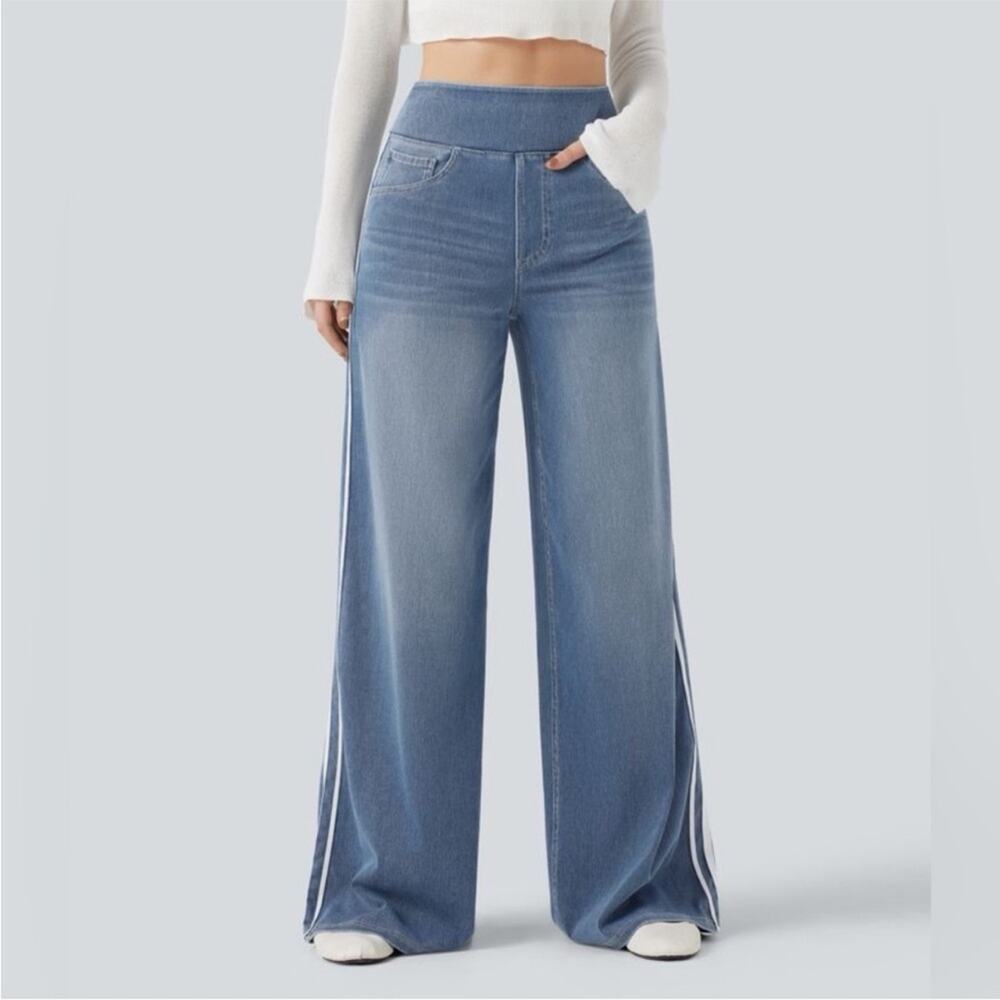 NWOT Halara Flex High Waisted Stripe Wide Leg Flowy Washed Casual Jeans Pockets - Picture 8 of 8